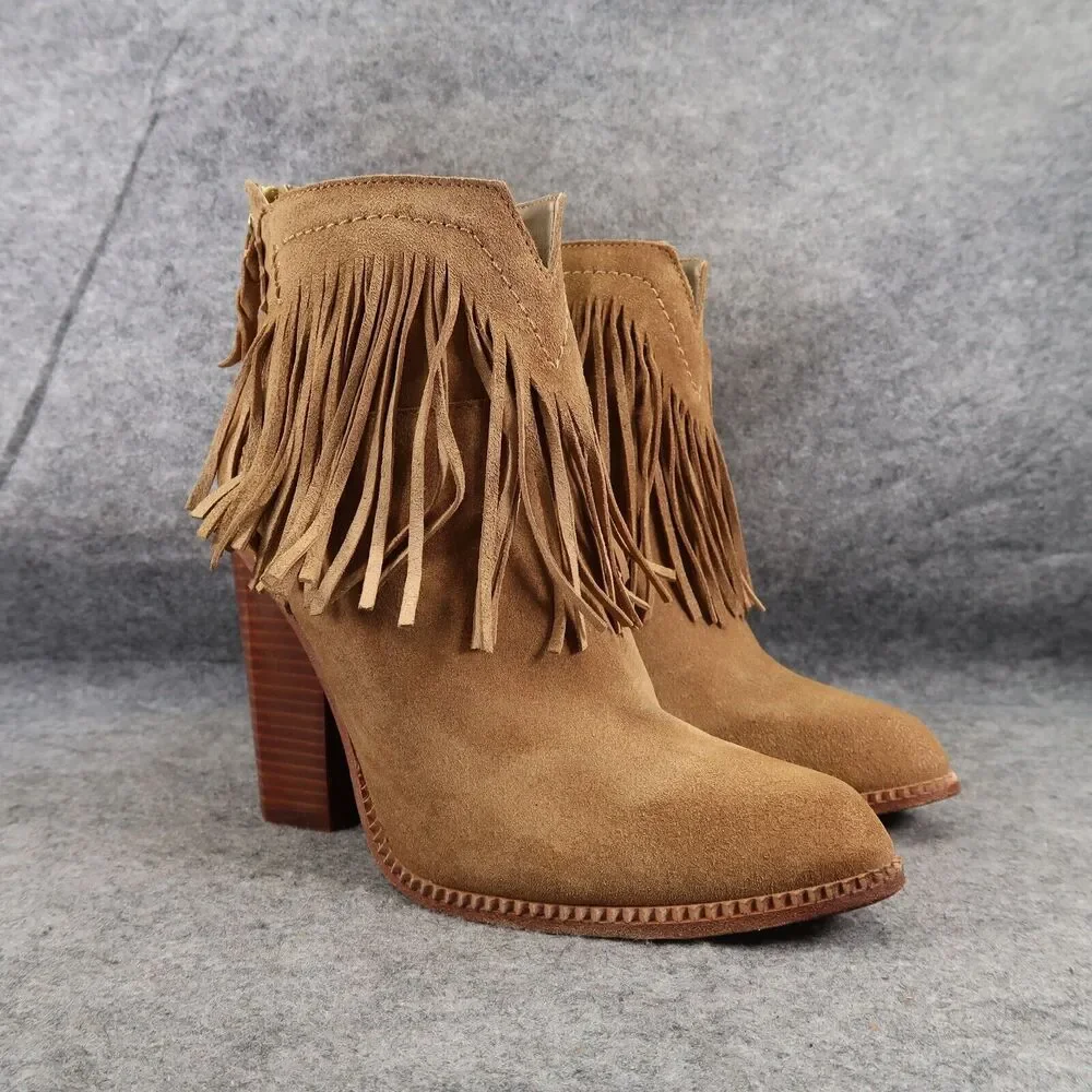 Cynthia Vincent Shoes Womens 9 Booties Fringe Leather Block Heel Fashion Western